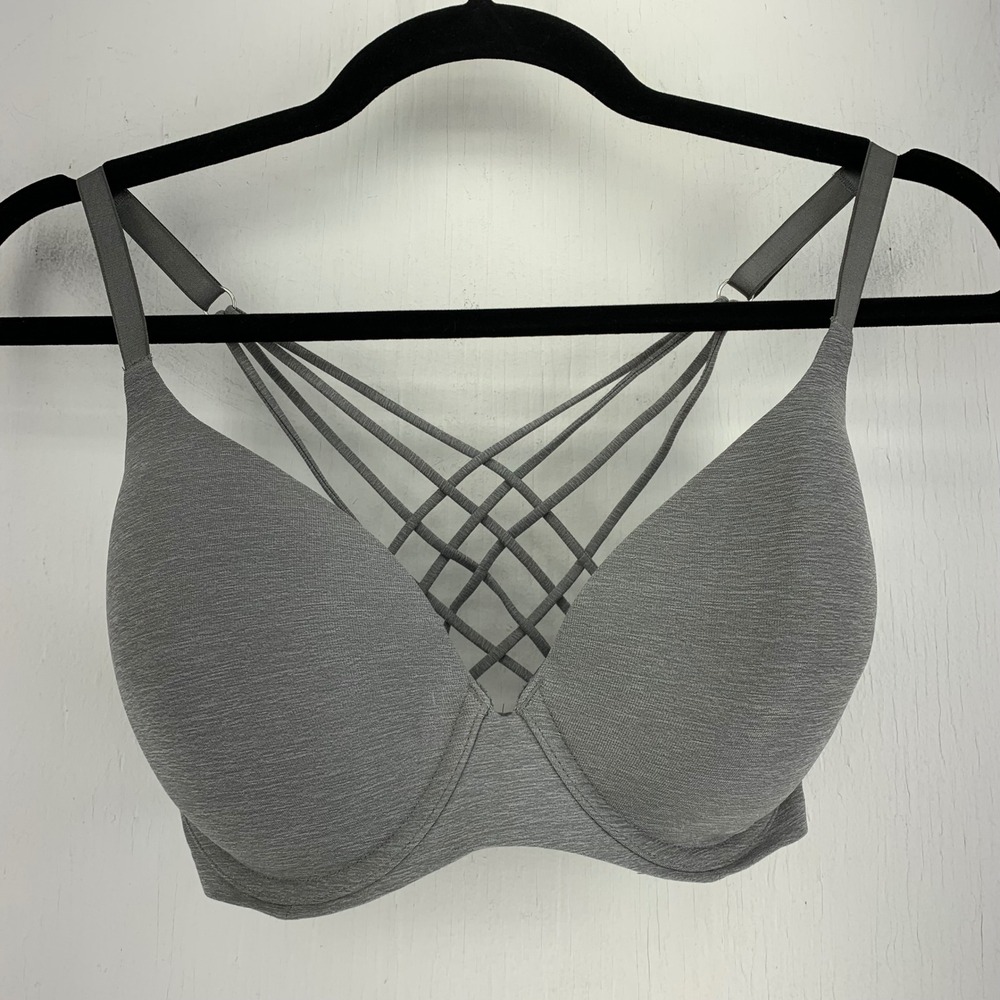 Aerie Sunnie Strappy Push Up Bra 32DDD Grey Heather Underwire Lattice Front